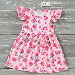 Pink Flutter Sleeve Sundress with Watermelon Print